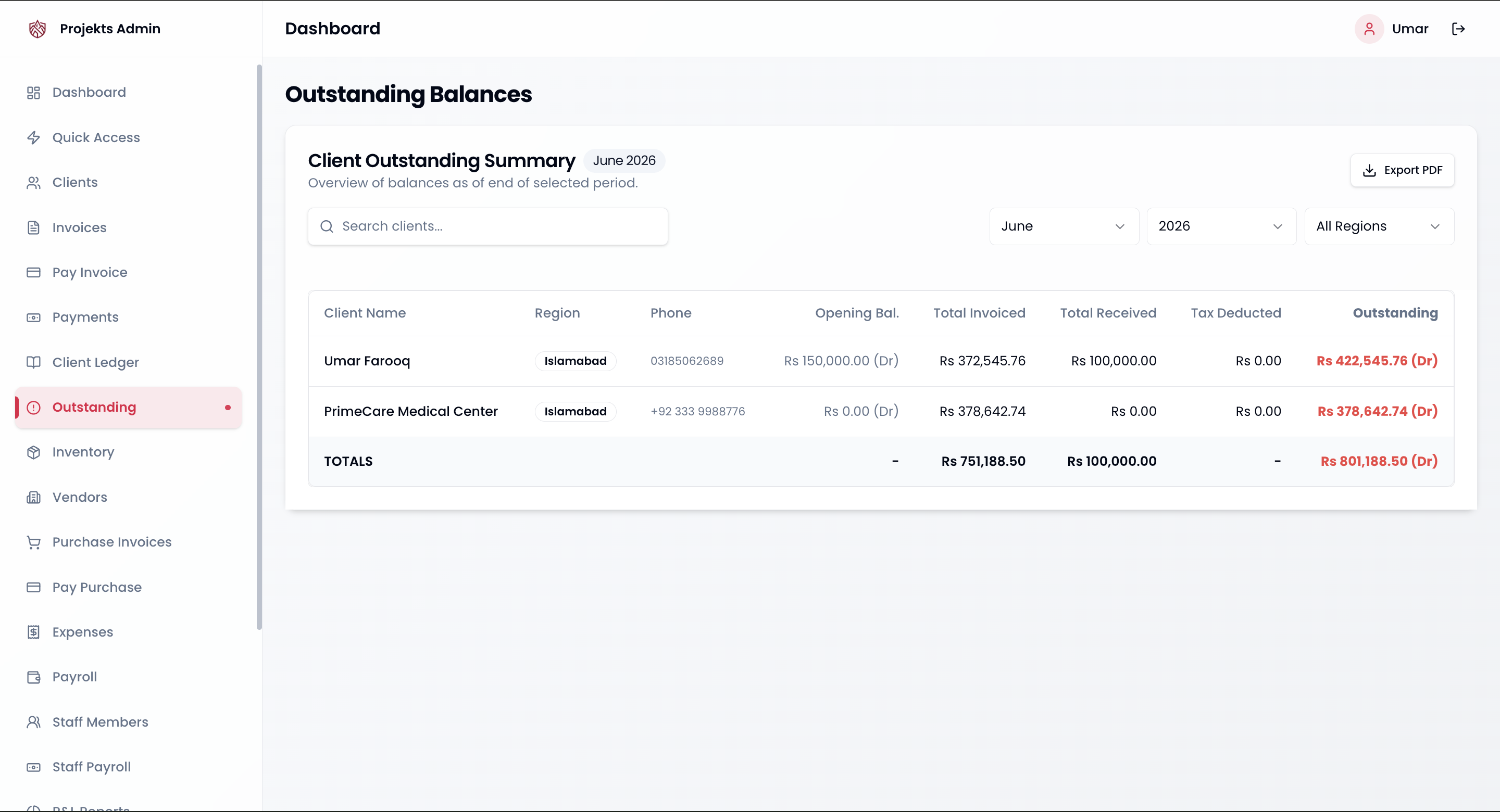 Outstanding Dues Interface
